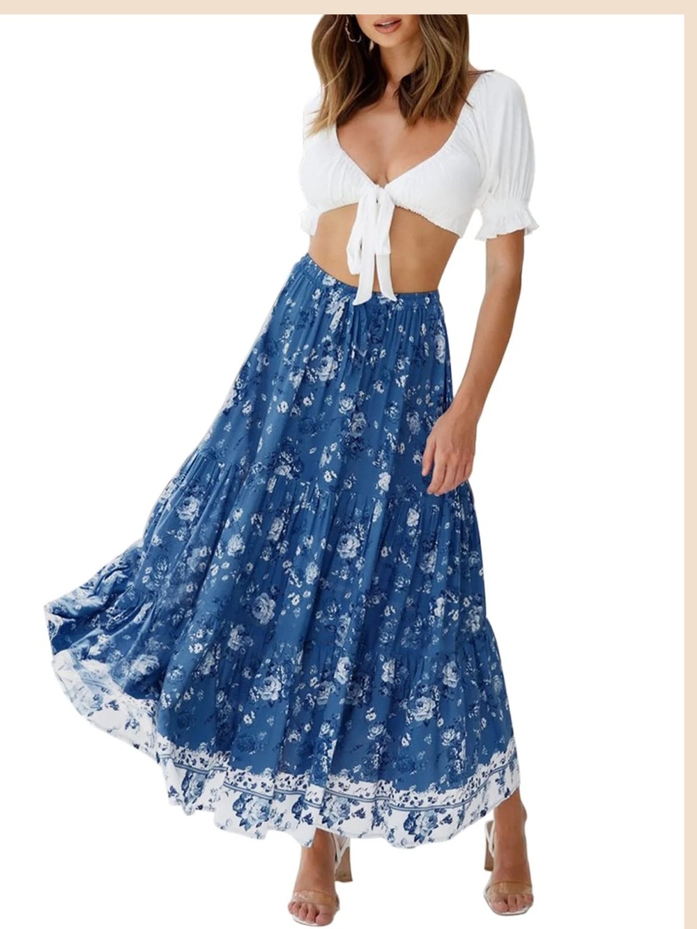 Zesica Royal Blue Floral Boho Tiered Maxi Skirt with Pockets - Size Medium